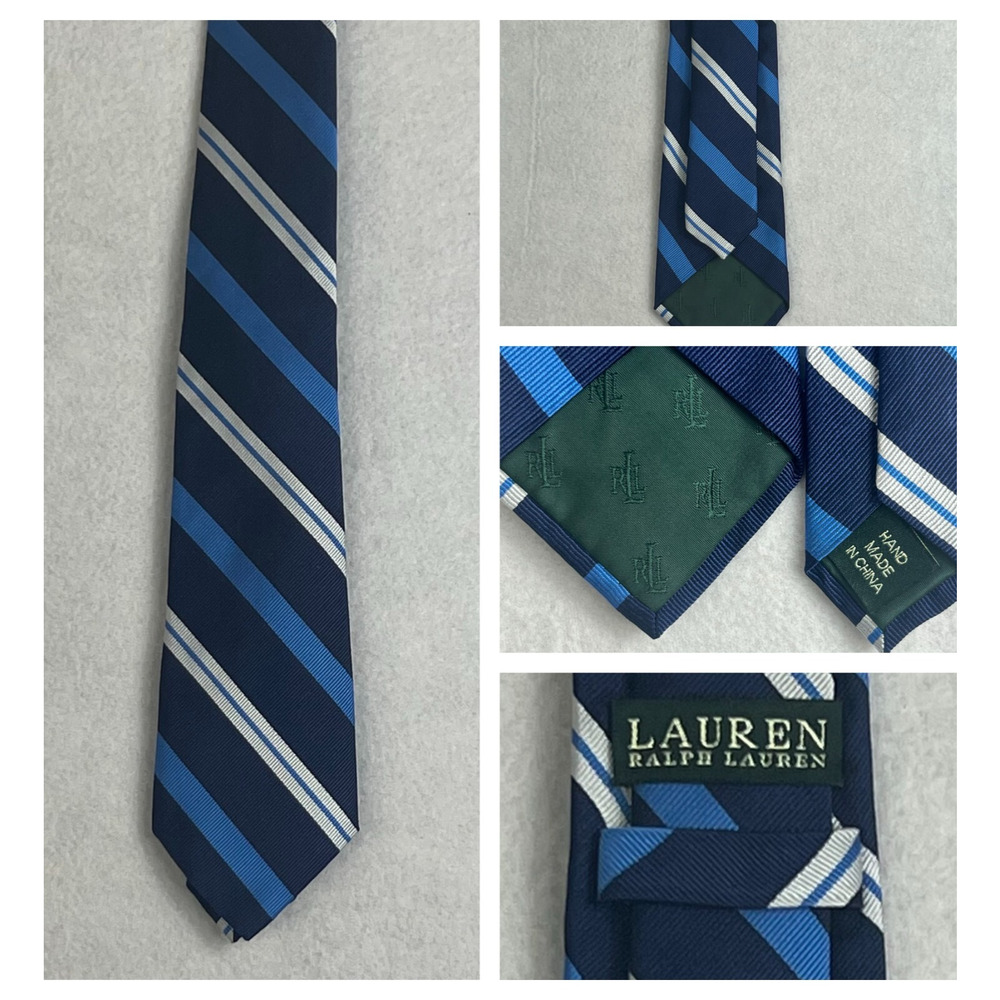 Lauren Ralph Lauren Blue And White Striped 100% Silk Neck Tie Men Ripped